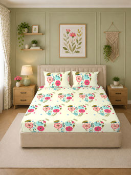 MORADO - Premium Glace Cotton Off White Fitted Bedsheet with 2 Pillow Covers (Double)