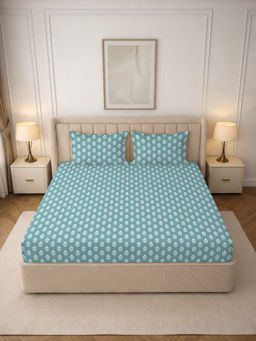 MORADO - Premium Glace Cotton Blue Fitted Bedsheet with 2 Pillow Covers (Double)