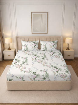 MORADO - Premium Glace Cotton White Fitted Bedsheet with 2 Pillow Covers (Double)
