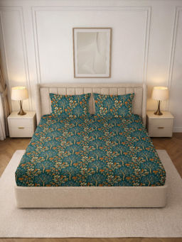 MORADO - Premium Glace Cotton Blue Fitted Bedsheet with 2 Pillow Covers (Double)