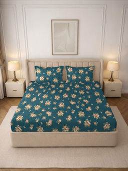 MORADO - Premium Glace Cotton Teal Fitted Bedsheet with 2 Pillow Covers (Double)