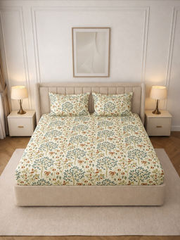 MORADO - Premium Glace Cotton Beige Fitted Bedsheet with 2 Pillow Covers (Double)
