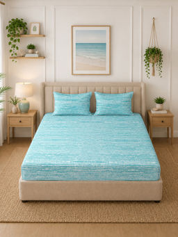MORADO - Premium Glace Cotton Blue Fitted Bedsheet with 2 Pillow Covers (Double)