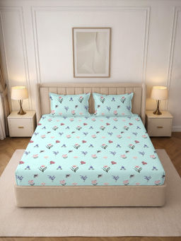 MORADO - Premium Glace Cotton Blue Fitted Bedsheet with 2 Pillow Covers (Double)