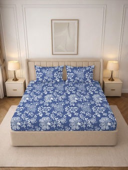 MORADO - Premium Glace Cotton Blue Flat Bedsheet with 2 Pillow Covers (Double)