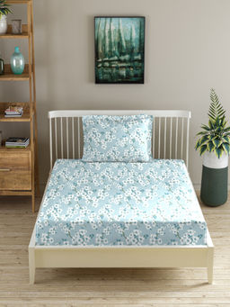 MORADO - Premium Glace Cotton Blue Flat Bedsheet with 1 Pillow Cover (Single)