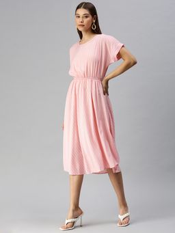 SHOWOFF - Women Pink Stripes Round Neck A-Line Dress