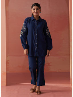 Lakshita - Navy Blue Embroidered Cotton Linen Shirt