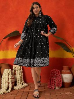 Stylum - Women Black Embroidered Cotton Dress