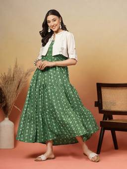 Stylum - Women Green Printed Cotton Blend Dress with Jacket