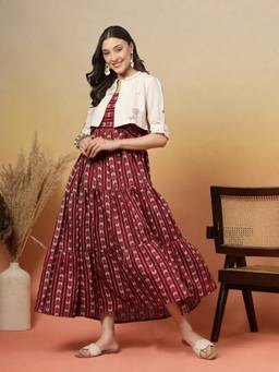 Stylum - Women Maroon Printed Cotton Blend Dress with Jacket