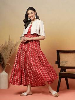 Stylum - Women Red Printed Cotton Blend Dress with Jacket