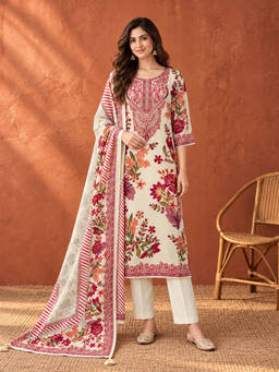Seerat - Women Ivory Floral Silk Blend Kurta and Pant with Dupatta