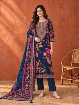 Seerat - Women Navy Blue Floral Silk Blend Kurta and Pant with Dupatta
