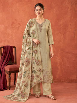 Seerat - Women Gold Floral Silk Kurta and Pant with Dupatta