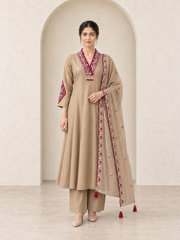 Seerat - Women Beige Embroidered Chanderi Silk Anarkali Kurta and Pant with Dupatta