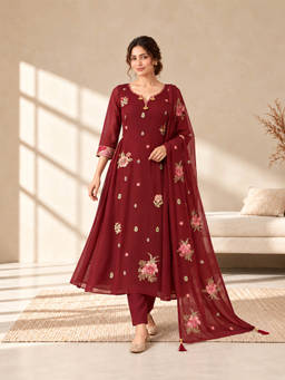 Seerat - Women Maroon Floral Viscose Rayon Kurta and Pant with Dupatta