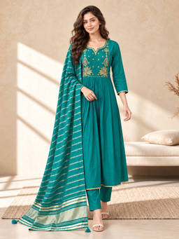 Seerat - Women Teal Embroidered Chanderi Silk Anarkali Kurta and Pant with Dupatta
