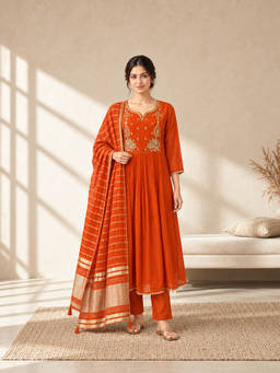 Seerat - Women Orange Embroidered Chanderi Silk Anarkali Kurta and Pant with Dupatta