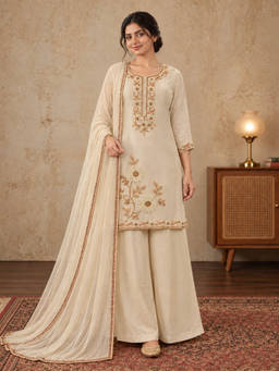 Seerat - Women Ivory Floral Chinon Kurta and Palazzo with Dupatta