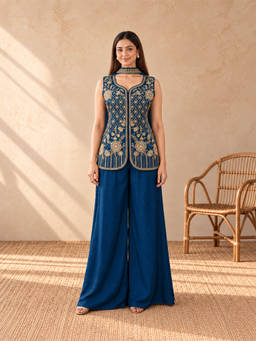 Seerat - Women Blue Embroidered Silk Top, Sharara, Dupatta