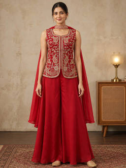 Seerat - Women Red Embroidered Silk Top, Sharara, Dupatta