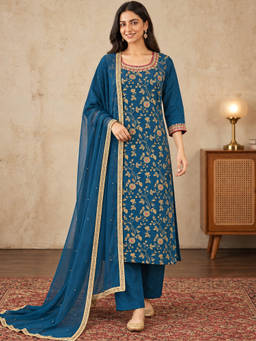 Seerat - Women Teal Floral Silk Blend Kurta and Pant with Dupatta