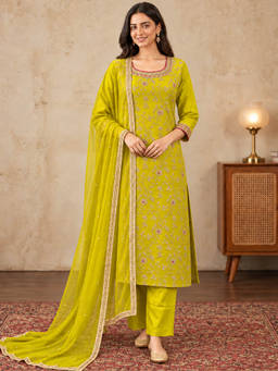 Seerat - Women Yellow Floral Silk Blend Kurta and Pant with Dupatta