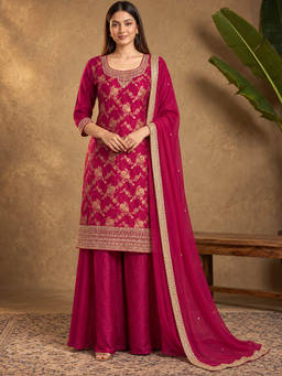 Seerat - Women Pink Embroidered Silk Blend Kurti, Bottom, Dupatta