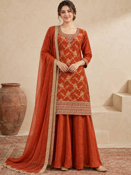 Seerat - Women Rust Embroidered Silk Blend Kurti, Sharara, Dupatta