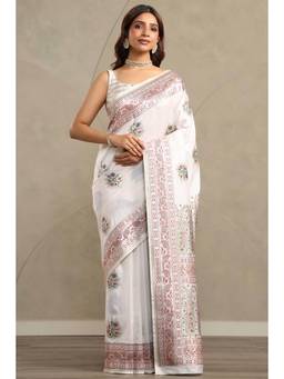 Soch - Women Cream Floral Silk Blend Saree with Unstitched Blouse