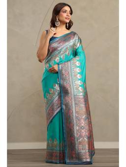 Soch - Women Teal Woven Silk Blend Saree with Unstitched Blouse