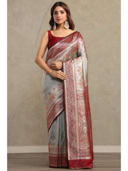 Soch - Women Grey Woven Silk Blend Saree with Unstitched Blouse