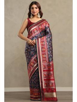 Soch - Women Navy Blue Printed Silk Blend Saree with Unstitched Blouse
