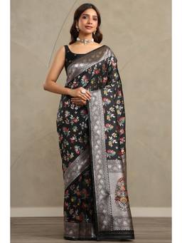 Soch - Women Black Floral Silk Blend Saree with Unstitched Blouse