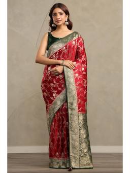 Soch - Women Maroon Woven Satin Saree with Unstitched Blouse