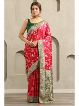 Soch - Women Pink Woven Satin Saree with Unstitched Blouse