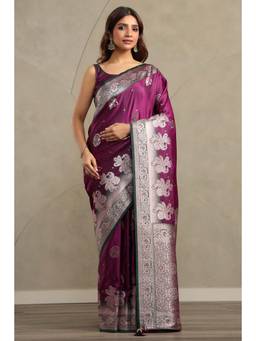 Soch - Women Purple Woven Satin Saree with Unstitched Blouse