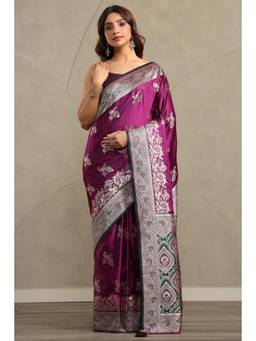 Soch - Women Purple Woven Satin Saree with Unstitched Blouse