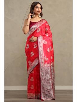 Soch - Women Red Woven Satin Saree with Unstitched Blouse