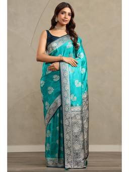 Soch - Women Blue Woven Satin Saree with Unstitched Blouse
