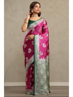 Soch - Women Purple Woven Satin Saree with Unstitched Blouse