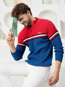 Kvetoo - Red Color Block Zipper Sweater