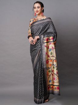 Odette - Grey Festive Dole Silk Printed Saree with Unstitched Blouse