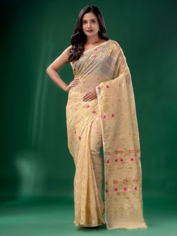 CHARUKRITI - Beige Cotton Silk Handwoven Soft Jamdani Saree without Blouse