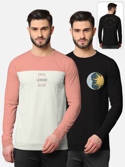 BULLMER - Trendy Front & Back Printed Full Sleeve T-shirt For Men Multi-color (Pack of 2)
