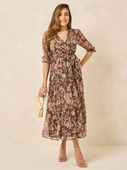 womens brown wrap dress Buy Styli Floral Midi (Set of 2) Online Red bridesmaids dresses with dress_type_Open Back Mini dress The Floral Wrap Dress Color:Light Sage
