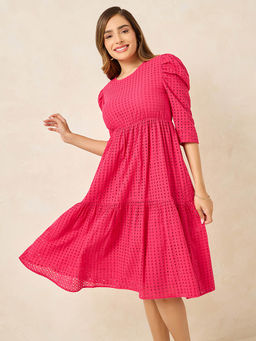 Styli - Womens Dark Pink A-Line Tiered Midi Cotton Dress