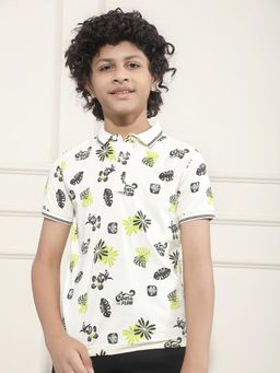 CRIMSOUNE CLUB - Boy Tropical Print Cream Polo T-Shirt