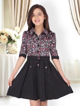 Cutecumber - Girls Satin Floral Printed Pleated Black Dress